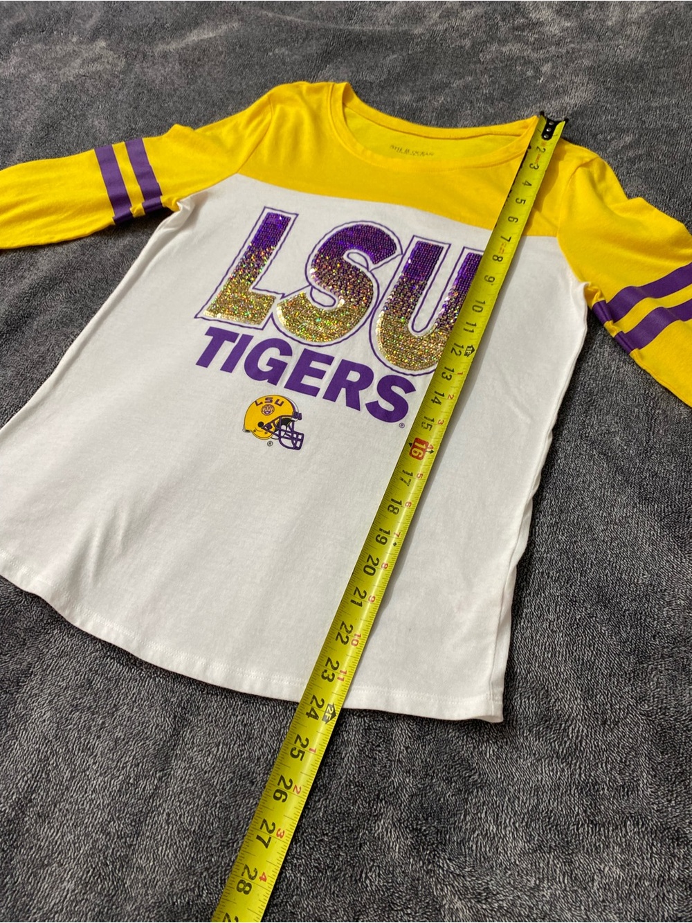 5th & Ocean LSU Tigers Sequin Long Sleeve Raglan Tee Jersey Yellow White Kids 16 - Picture 6 of 8